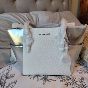 Michael Kors Metallic Silver and White Tote NWT